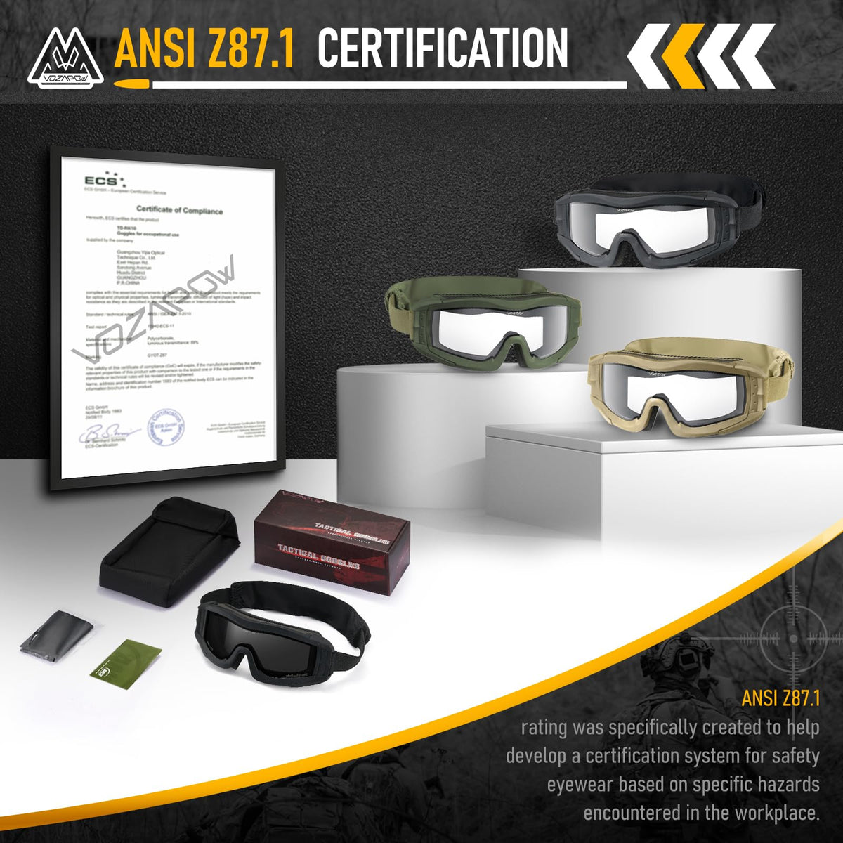 VOZAPOW Airsoft Goggles Anti Fog, Tactical Safety Goggles ANSI Z87+ Rating
