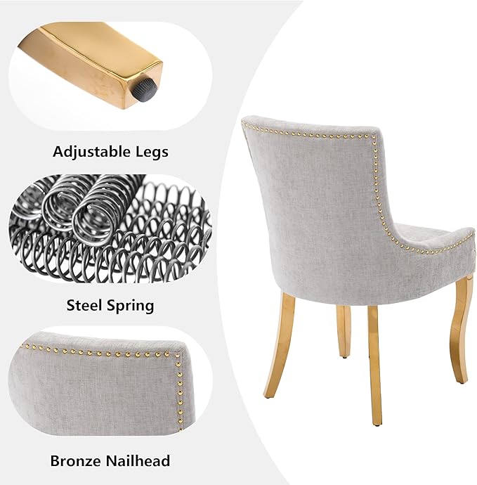 Luxury Fabirc Upholstered Dining Chairs Set of 2,Neutral Chenille Kitchen Room Chair with Nailhead Trim,Modern Padded Side Chairs for Dining Room,Living Room,Bar (Beige-Gold, Set of 2)