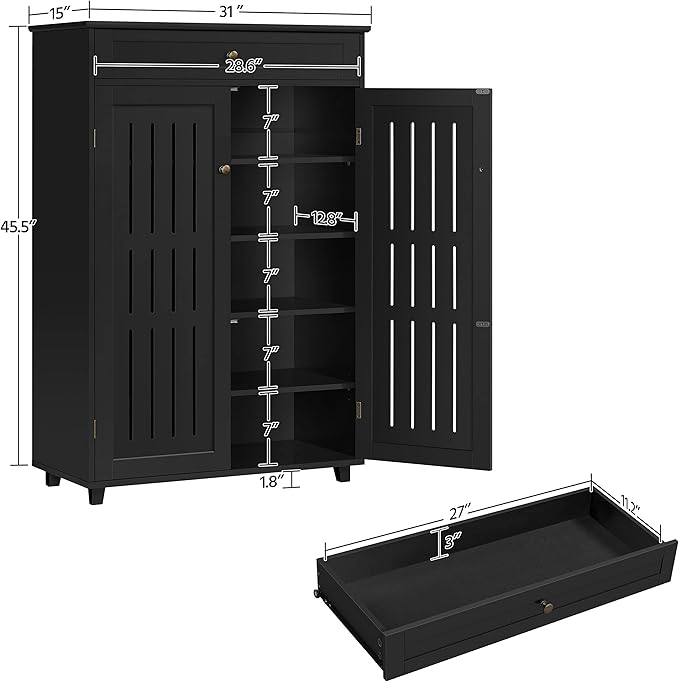 Yaheetech Shoe Cabinet, 5-Tier Shoe Rack Organizer with 1 Drawer, Freestanding Wooden Shoe Storage Cabinet with 2 Louvered Door & Adjustable Shelves for Entryway Hallway, Black