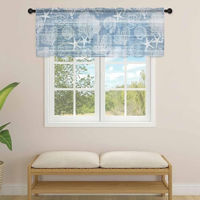 Haze Blue Retro Summer Sheer Valance Curtains, Sea Turtle Starfish Coral Ocean