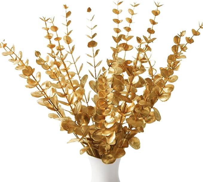 18pcs Gold Eucalyptus Stems Greenery Stems Fake Leaves Artificial Flowers Bouquet Faux Branches Centerpiece Flores Plants for Home Party Decor Wedding Decoration