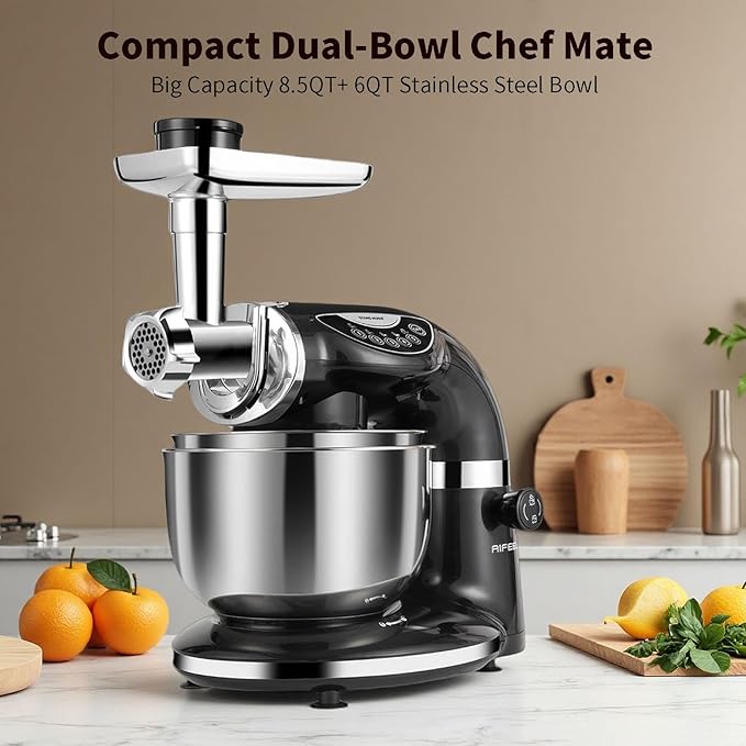Stand Mixer, 8.5QT+ 6QT Two Stainless Steel Bowls Electric Food Mixer Black