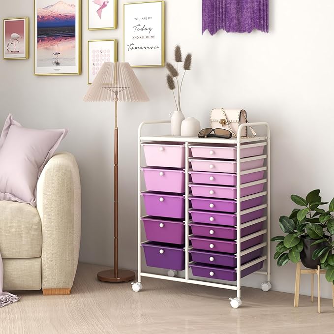 COSTWAY 15-Drawer Rolling Storage Cart, Mobile Utility Cart with Heavy-duty Frame & Lockable Wheels, Multipurpose Storage Organizer for Paper, Office, School, Purple Gradient