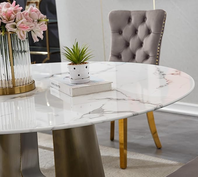 3-Piece Faux Marble Round Dining Table Set for 2, Modern Luxury Kitchen Table Set for 2 with Black Tufted Chairs,Circle Dining Tables with White Marble Grain Top and Bronze Pedestal Base
