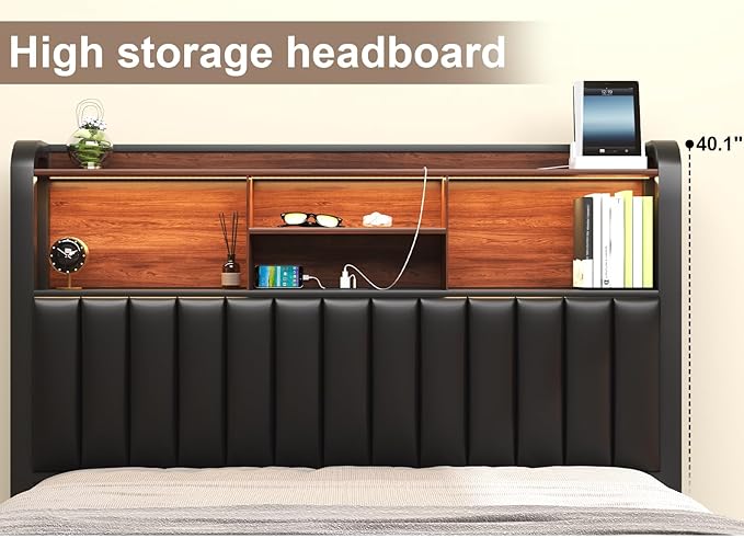 Full Bed Frame 54.3" Tall with 3-Tier Storage Headboard and PU Leather, Metal Platform Bed Frame with LED Lights and Charging Station, Noise-Free, Metal Support, No Box Spring Needed, Black