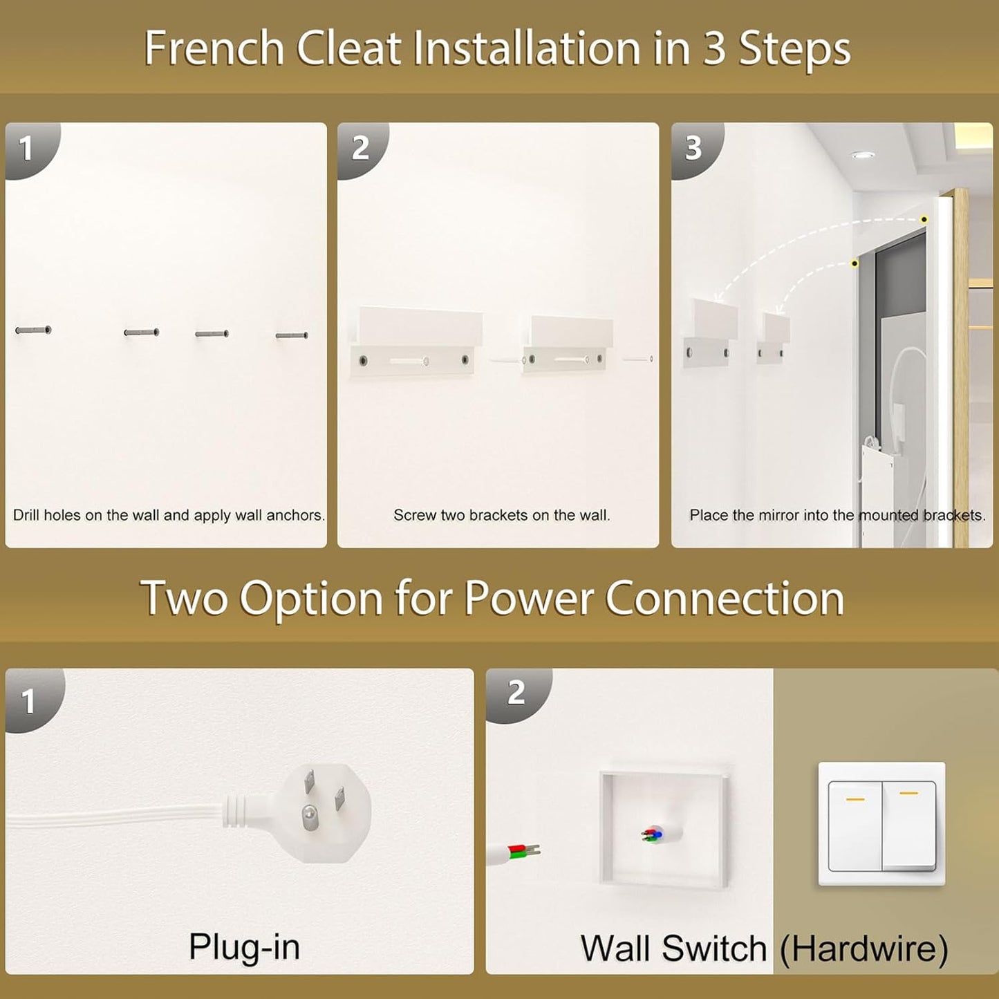 OKPAL Gold LED Bathroom Mirror with Lights, 50x36 Frontlit & Backlit Lighted Bathroom Mirror, LED Vanity Framed Mirror, Anti-Fog, Dimmable, 3 Colors, Shatterproof, ETL Listed