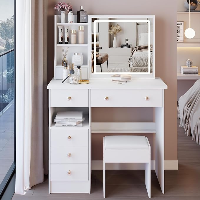 37" Vanity Desk with Mirror and Lights, Makeup Table with Led Lights and Sliding Mirror, 3 Lighting Colors, Vanity Set with 6 Drawers and Stool for Bedroom, White