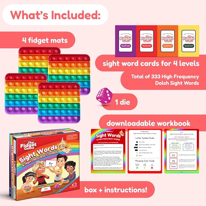 THE FIDGET GAME Sight Words - Reading Flashcards and Pop Fidget Toys for Kids K to Second Grade - Learning Activities and Games for High-Frequency Dolch Sight Words - Includes Mats and Dice