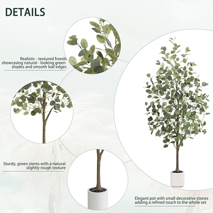 2Packs Faux Eucalyptus Tree 5FT Tall Artificial Eucalyptus Tree Indoor Outdoor, Fake Eucalyptus Plant with Green Silver Dollars Silk Leave, Fake Floor Plants, Present for Friend Housewarming Decor