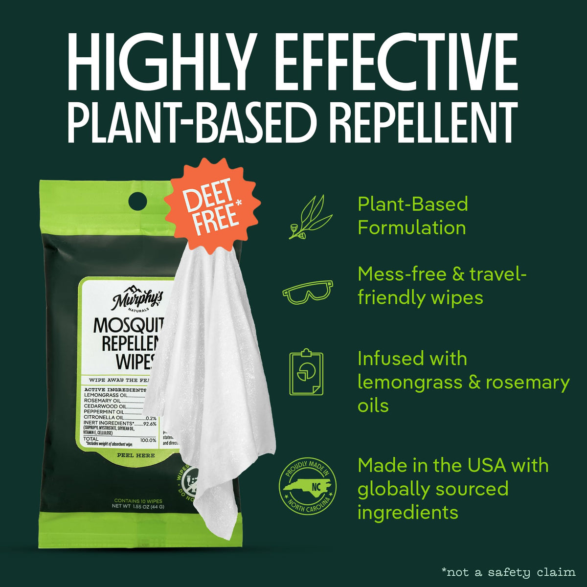 Murphy's Naturals Mosquito Repellent Wipes, Plant-Based, 10 Count Pack of 3