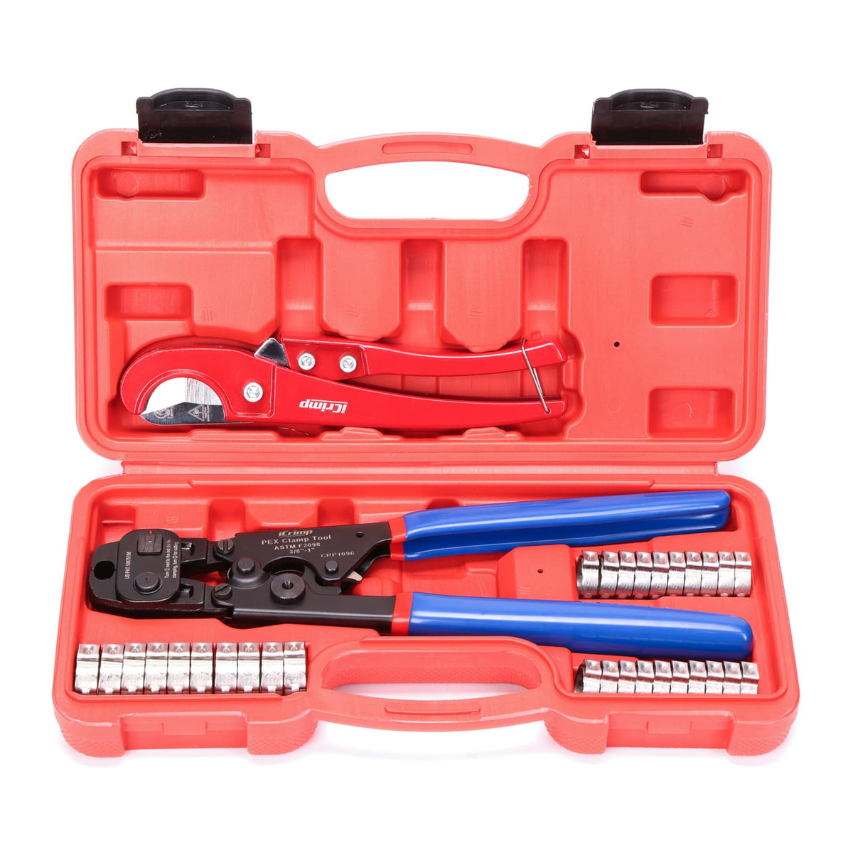 iCrimp Ratchet PEX Cinch Tool with Removing Function for 3/8-in, 1/2-in, 3/4-in, 1-in Stainless Steel Clamp, PEX Crimper with 20PCS 1/2-in, 10PCS 3/4-in PEX Clamps and Pipe Cutter- All in One