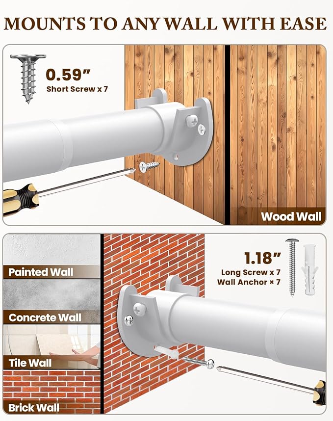 Closet Rod 17-39 IN, Heavy Duty Closet Rods for Hanging Clothes, Adjustable Closet Rods for Wardrobes Storage Laundry RV Bathroom, Easy Install, White