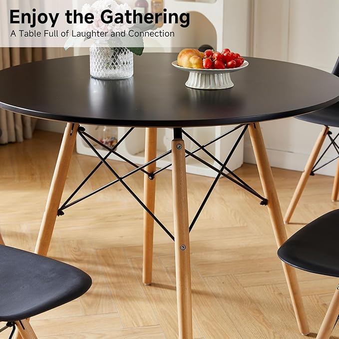 Round Dining Table Set for 4 35.5" Wood Dinner Table Circle Dining Table Kitchen Table Chairs Set of 4 with Wood Strip Base for Kitchen Living Room Space Saving Apartment(Black)