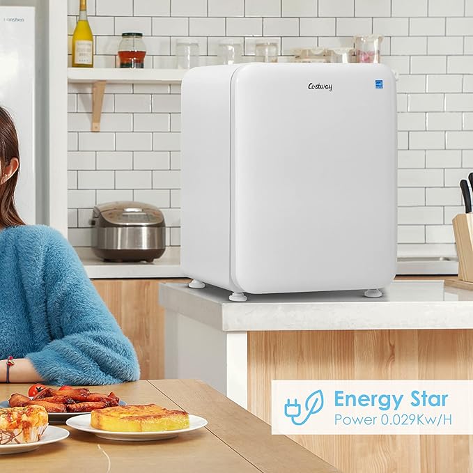 COSTWAY Compact Refrigerator, 2.4 cu ft. Single Door Small Fridge with Auto Defrost, Adjustable Temperature 32℉ to 50℉, Reversible Door, Removable Glass Shelves, Mini Fridge for Apartment, White