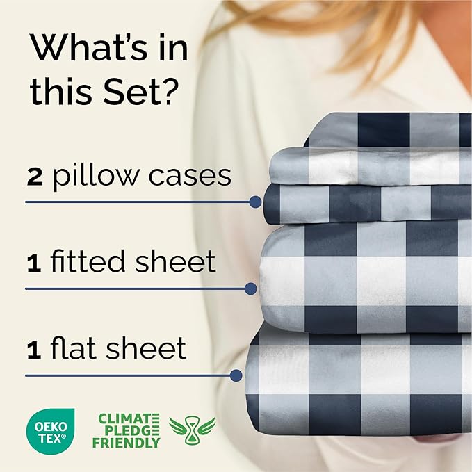 Blue Gingham Bed Sheet Set – 1 Flat & 1 Fitted Sheet & 2 Pillowcases w/ Deep Pockets – Grid, Plaid, Checkered Pattern Bedding - Wrinkle & Fade Resistant - Ultra-Soft, Breathable & Cooling - Queen Size