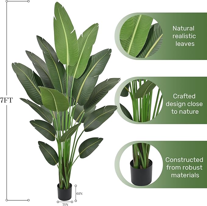 7FT Artificial Bird of Paradise Tree 82 Inch Tall Faux Silk Plants Banana Leaf with 19 Trunks in Black Pot for Home Decor Living Room Office Bedroom