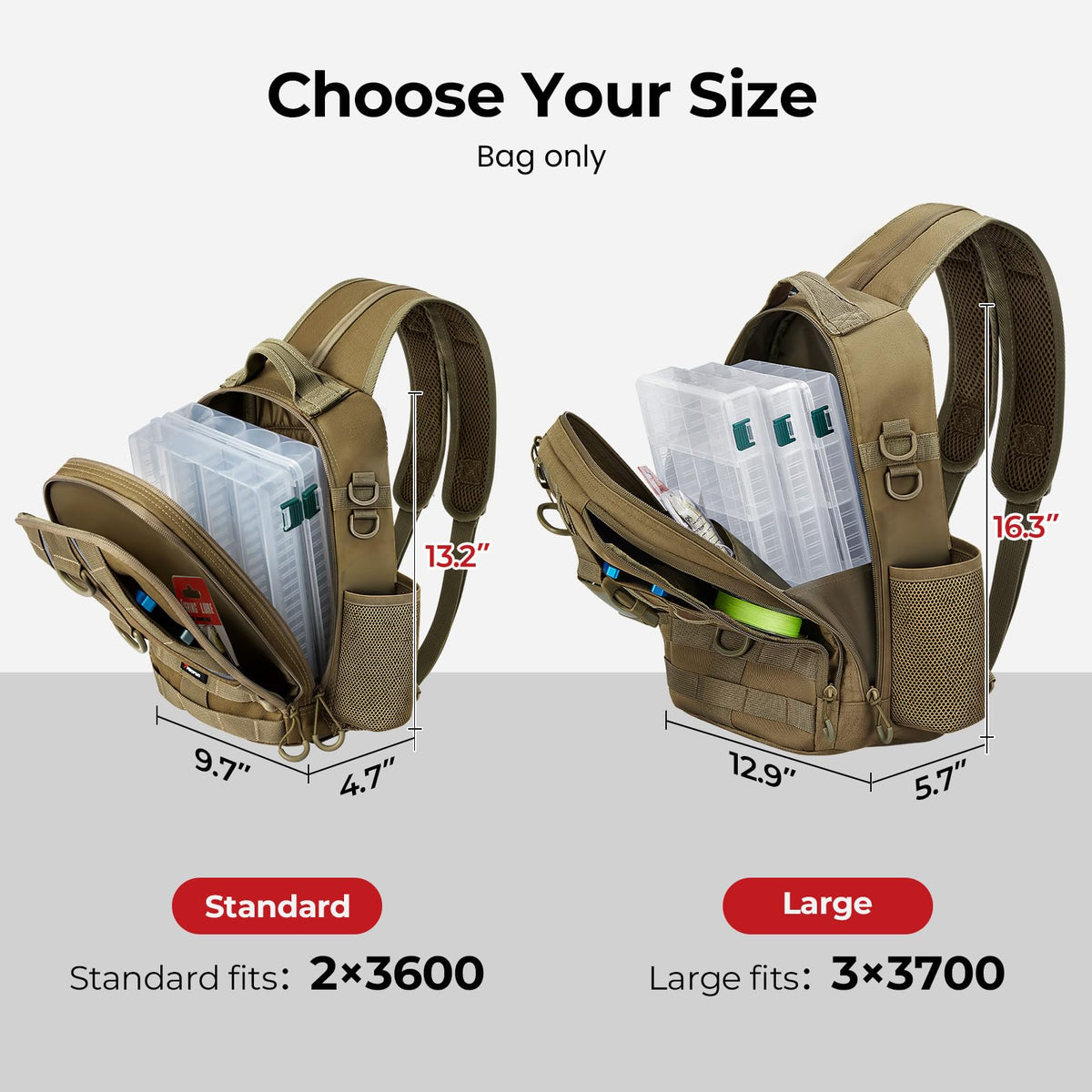 Piscifun Fishing Backpack with Rod Holder, Lightweight Sling Bag Storge Gear and Equipment, Khaki, Latch, Standard