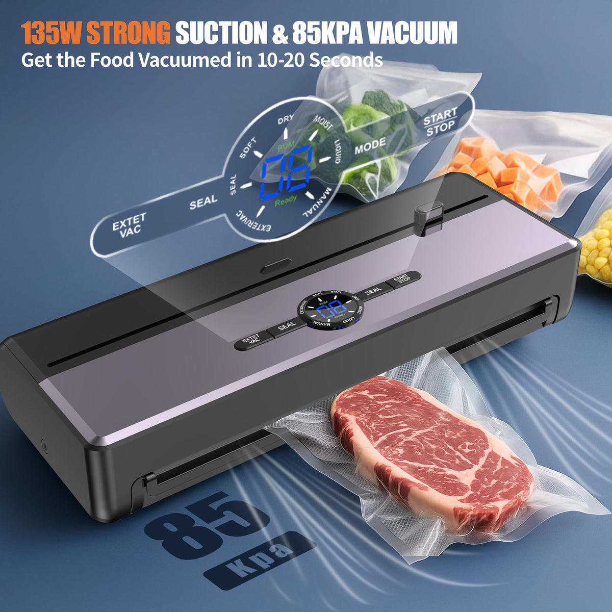 Sealer Machine for Food Storage, 85KPA Strong Suction, Dry/Moist Mode, Automatic Seal in 10-20 Seconds with 10 Vacuum Bags & 1 Roll, Built-in Cutter, Bag Storage & Vacuum Hose, for Home Kitchen Use