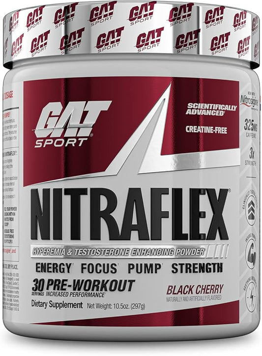 GAT SPORT Nitraflex Advanced Pre-Workout Powder, Increases Blood Flow, Boosts Strength and Energy, Improves Exercise Performance (Black Cherry, 30 Servings)