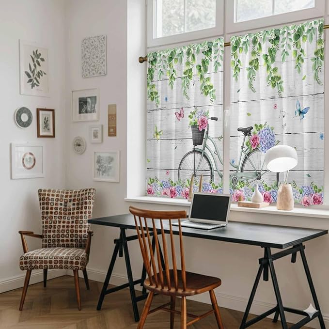 Spring Kitchen Curtains, Bicycles Botanical Rose Leaves Butterfly Wood Grain