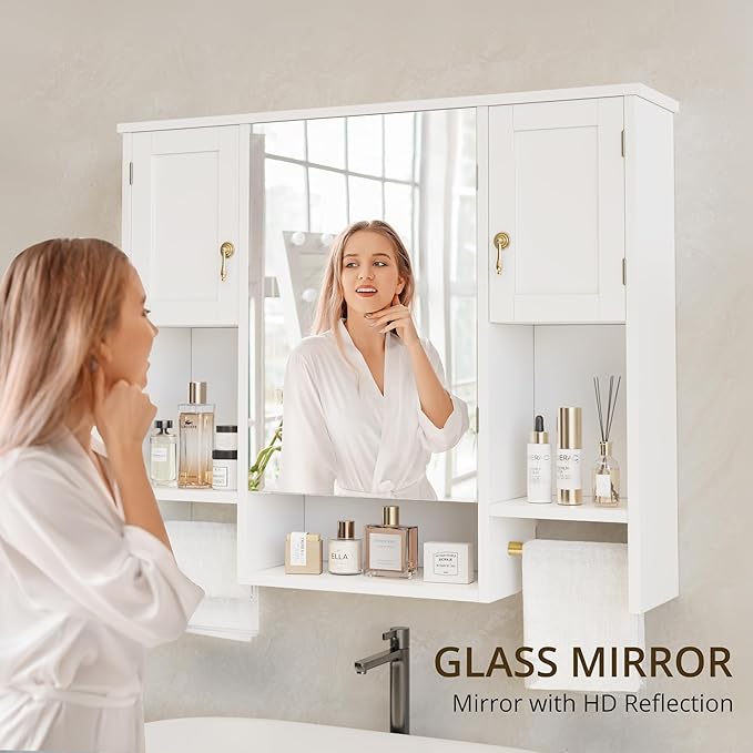 VECELO Bathroom Wall Cabinet with Mirror, Wall Mounted Medicine Cabinet with Open Shelves, 2 Towels Bars for Bathroom Laundry Room Kitchen, 35.04 * 7.09 Inches, Gold