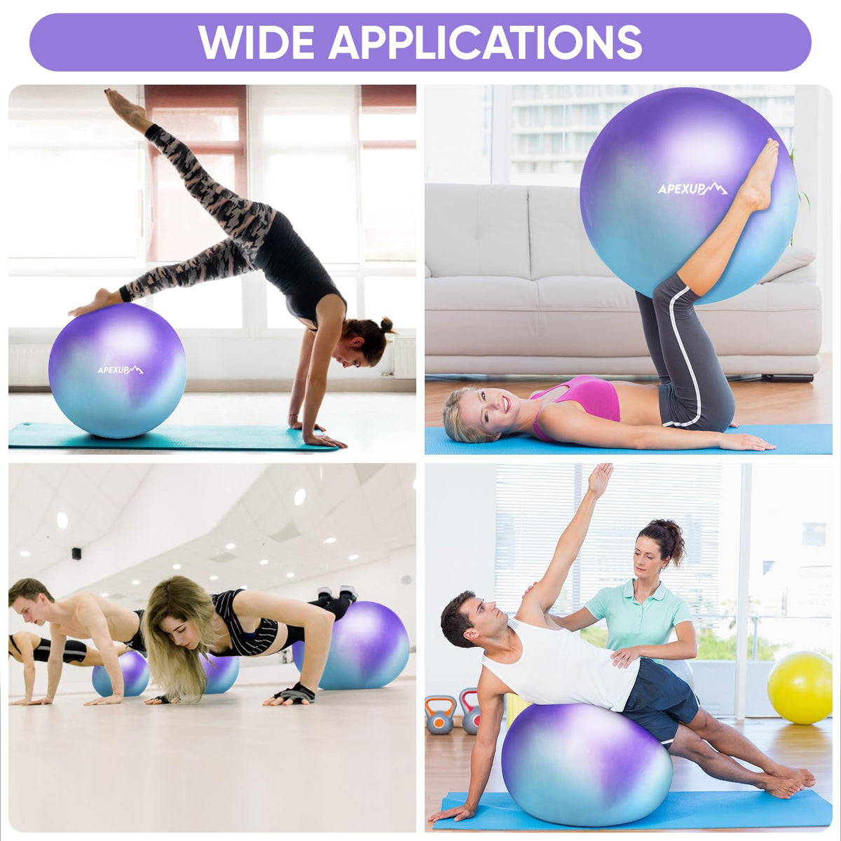 APEXUP Yoga Ball, 660 lbs Anti-Burst Exercise Ball with Pump, 5 Sizes (S (15"~18") 45cm, Blue Purple)