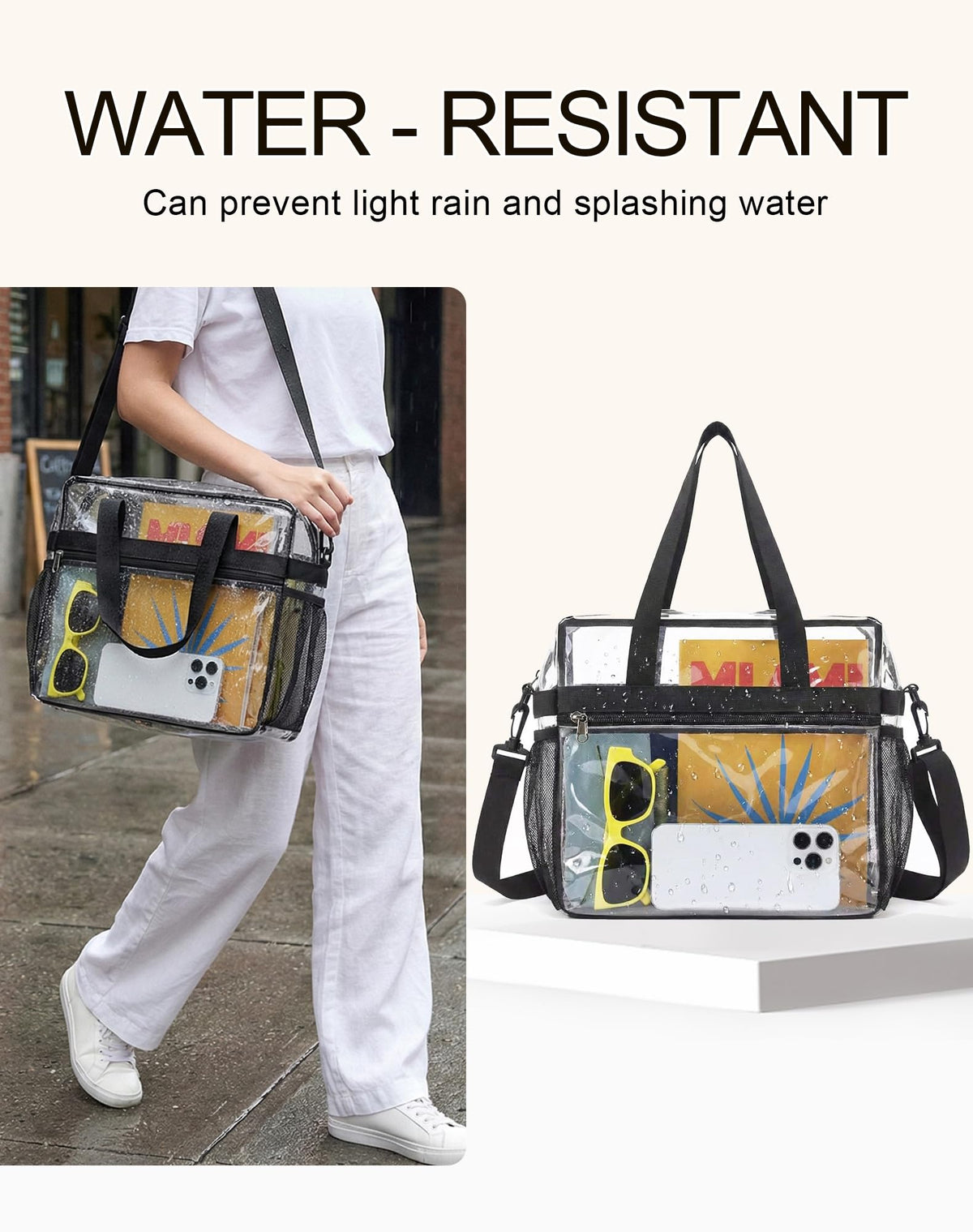Lyingflat Clear Bag for Stadium Events Founctional 12x6x12 Stadium Approved Clear Tote Bag with Adjustable & Detachable Strap Black