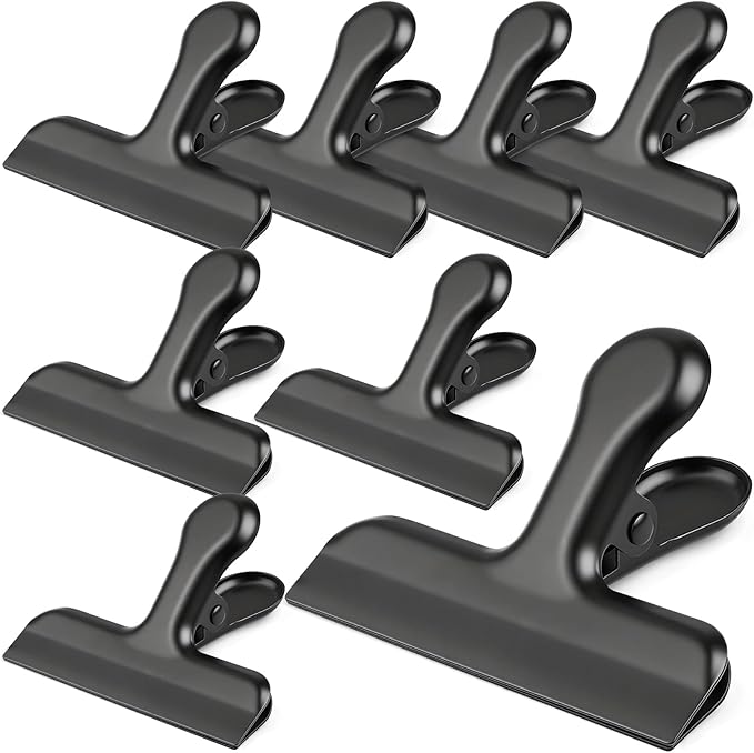 Funfery Stainless Steel Black Chip Clips 3" Bag Clips for Kitchen Storage,Food,Snacks,8 Pack Large Metal Clip for Food Packages,Chips,Paper and Home&Office