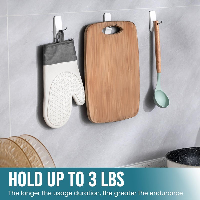 TAILI Hooks for Hanging,6 Wire Sticky Hooks and 8 Adhesive Strips, White Utility Hooks for Painted Wall, No Damage Heavy Duty Holds up to 3 lb, Removable & Reusable for Door, Dorm, Clothes, Kitchen
