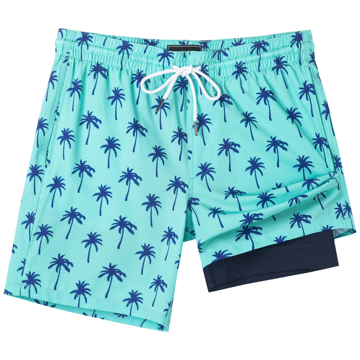 SURF CUZ Mens Swim Trunks with Compression Liner Quick Dry Swim Shorts 7" Swimming Trunks Stretch Zipper Pockets,Green Palm,L