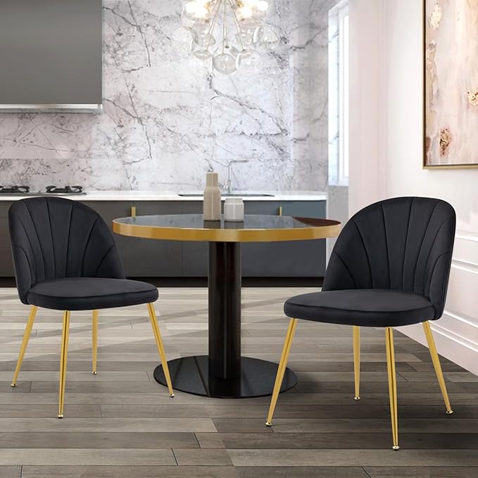Velvet Dining Chairs Set of 2, Upholstered Mid Century Modern Dining Chairs, Armless Accent Chair with Metal Gold Legs for Living Room, Kitchen, Dining Room, Black