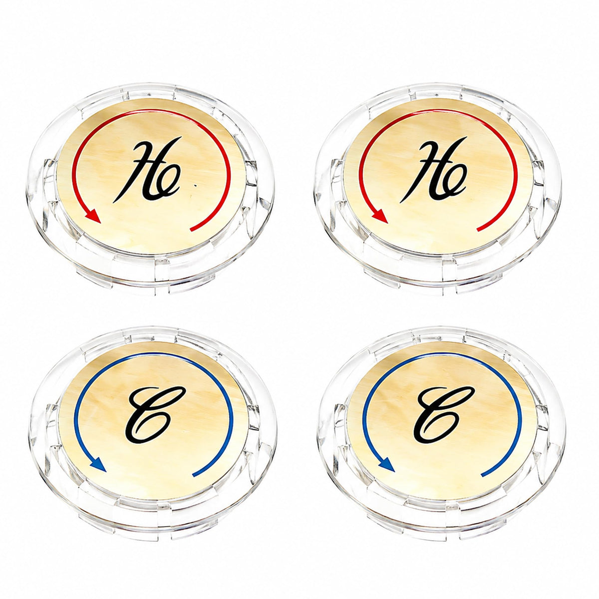 Universal Hot and Cold Faucet Index Buttons, 1.14 inch Inner Diameter Faucet Index Bathroom Sink Handle Buttons, Clear Acrylic with Gold for Delta/LDR/Delex/Peerless Two Clear Handles (4 pack)