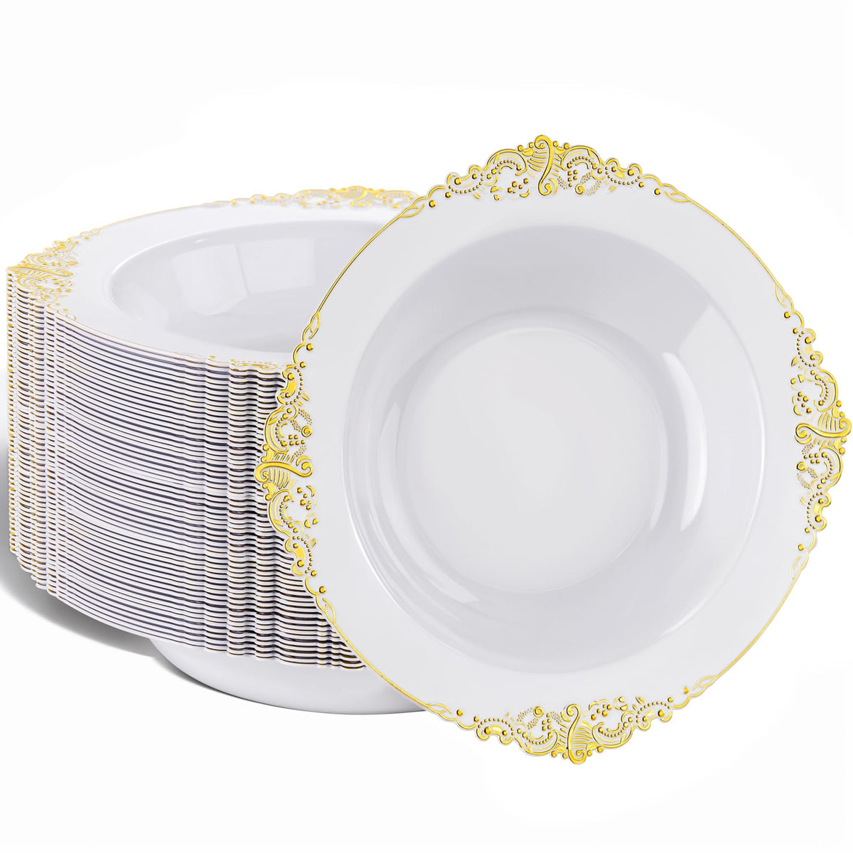Nervure 50PCS White Plastic Bowls with Silver Rim 12oz Disposable Soup Bowl