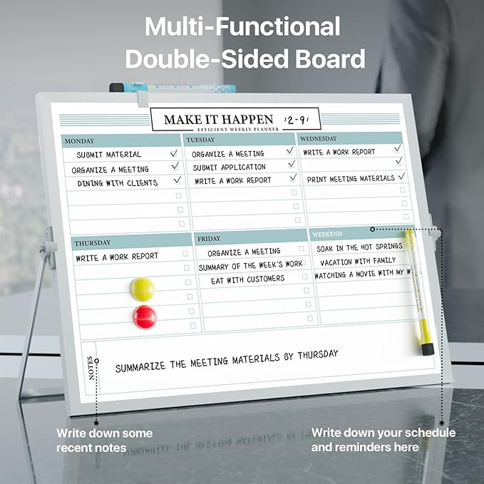 Dry Erase White Board with Stand,Double-Sided Weekly Whiteboard 16"x12",10 Markers,6 Magnets,1 Eraser,Portable Desktop Whiteboard for Planning,Weekly Schedule Board for School for Office