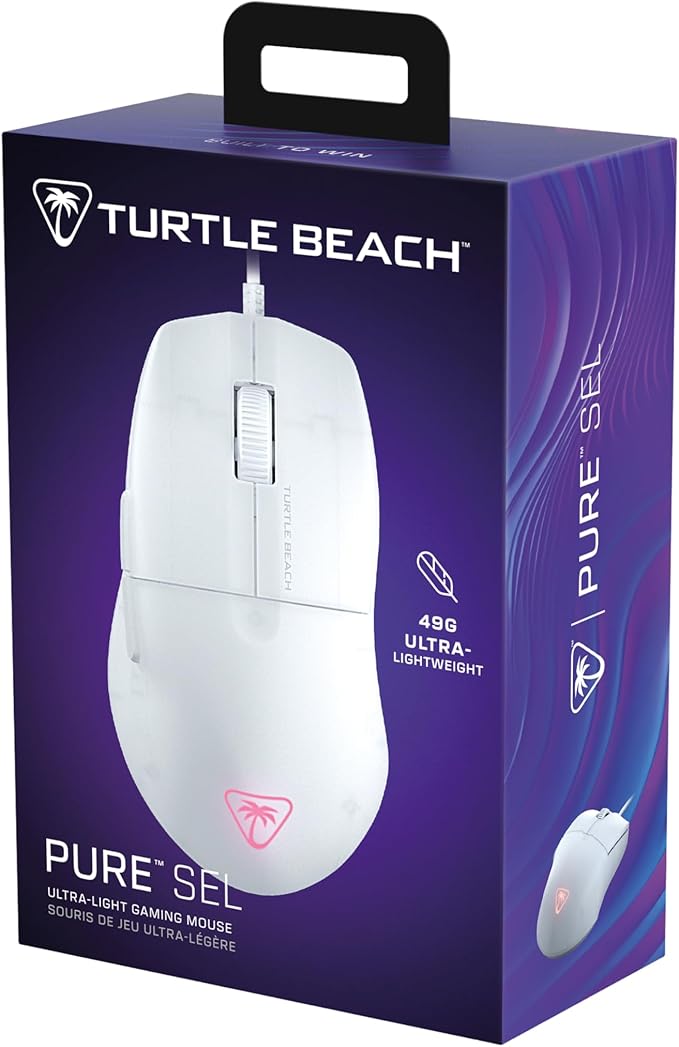 Turtle Beach Pure SEL Wired RGB Gaming Mouse, Ultra-Light 49g Ergonomic Design, 8000 DPI Optical Sensor, Mechanical Switches, Pretension System, Pure PTFE Glides, AIMO RGB Lighting – White