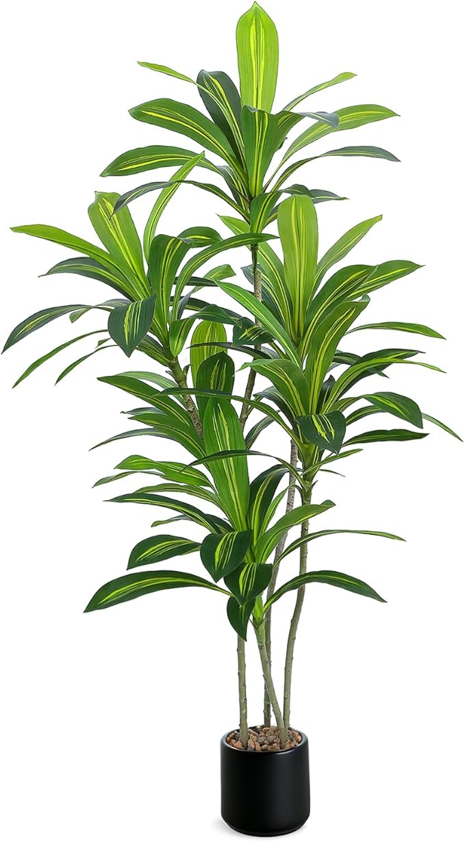 Artificial Dracaena Tree 5FT Tall, Realistic Faux Indoor Floor Plant for Home & Office Decor, Black Round Planter with Decorative Stones – UPBUD