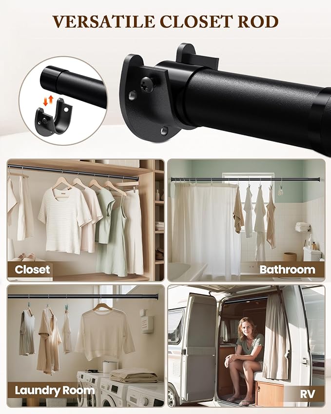 Closet Rod 17-99 IN, Heavy Duty Closet Rods for Hanging Clothes, Adjustable Closet Rods for Wardrobes Storage Laundry RV Bathroom, Easy Install, Black