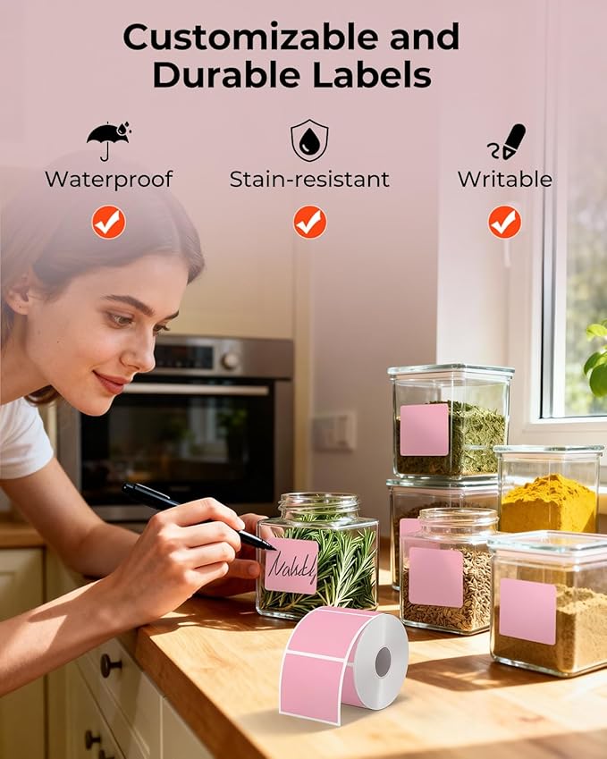 MUNBYN 2"x2" Square Thermal Labels, Compatible with Multiple Thermal Printers, Strong Adhesive, White Address Labels for Barcode, 750 Sheets/Roll, Pink