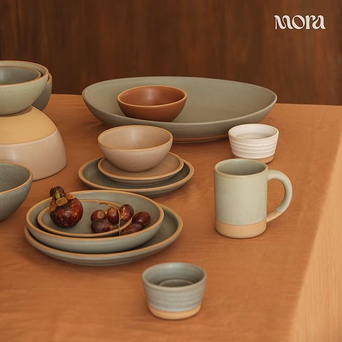 MORA Medium Dishes Set of 4, 30oz Ceramic Pottery Pasta Plate/Wide Bowls - Microwave, Oven and Dishwasher Safe - Harvest