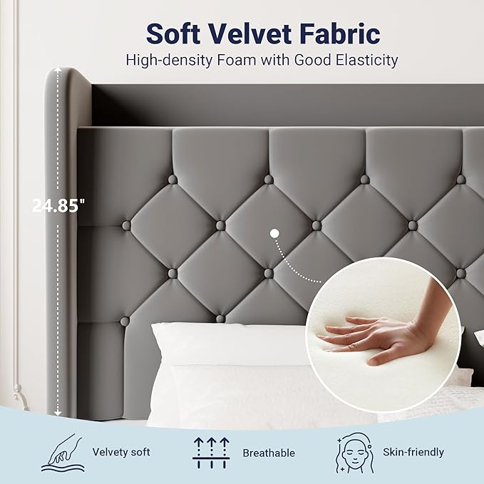 Allewie King Size Bed Frame, Storage Headboard with Charging Station, Wingback Velvet Upholstered, Diamond Stitched Button Tufted, Sturdy Wooden Slats, No Box Spring Needed, Easy Assembly, Grey