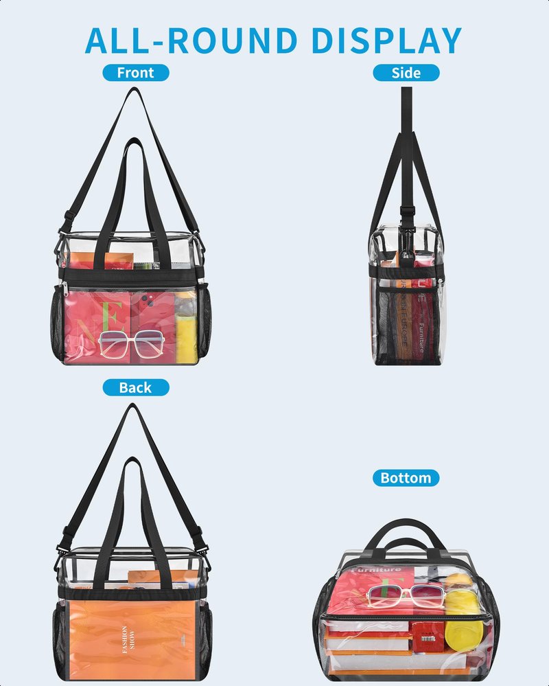 Paxiland Clear Bag for Stadium Events 12x6x12, Large Clear Tote Lunch Bag Stadium Approved with Detachable Reinforced Shoulder Straps for Concert and Festival, Transparent Handbag for men - Black