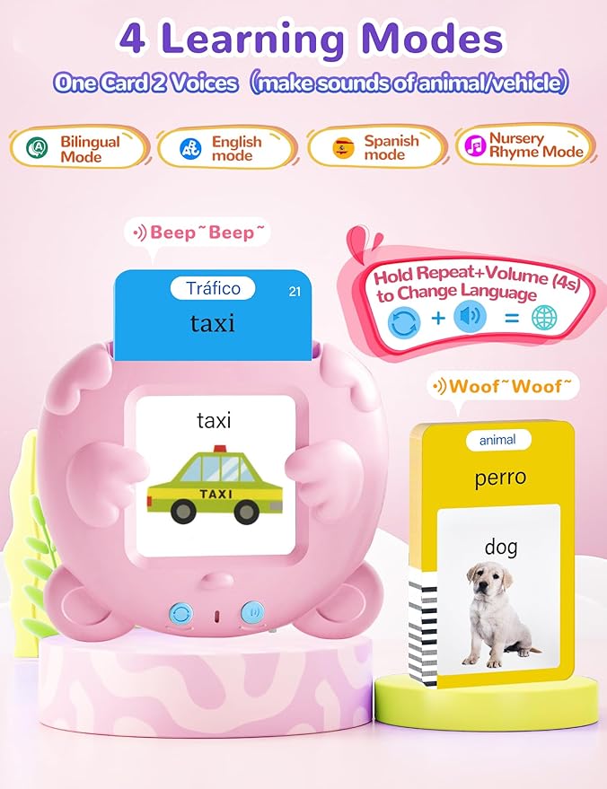 Spanish & English Talking Flash Cards for Toddlers, 510 Sight Words Bilingual Pink Educational Toys for Girls, Autism Sensory Speech Therapy Toys, Española Pocket Vocabulary Learning for Kids