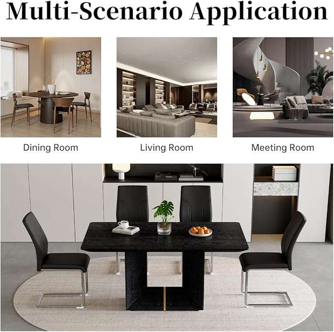 63" Modern Black Dining Table Set for 6 with Chairs, 7 Piece Rectangular Dining Room Table and 6 PU Leather Chairs, Kitchen Dining Set with Matte Wood Finish, Geometric Base, Easy Assembly