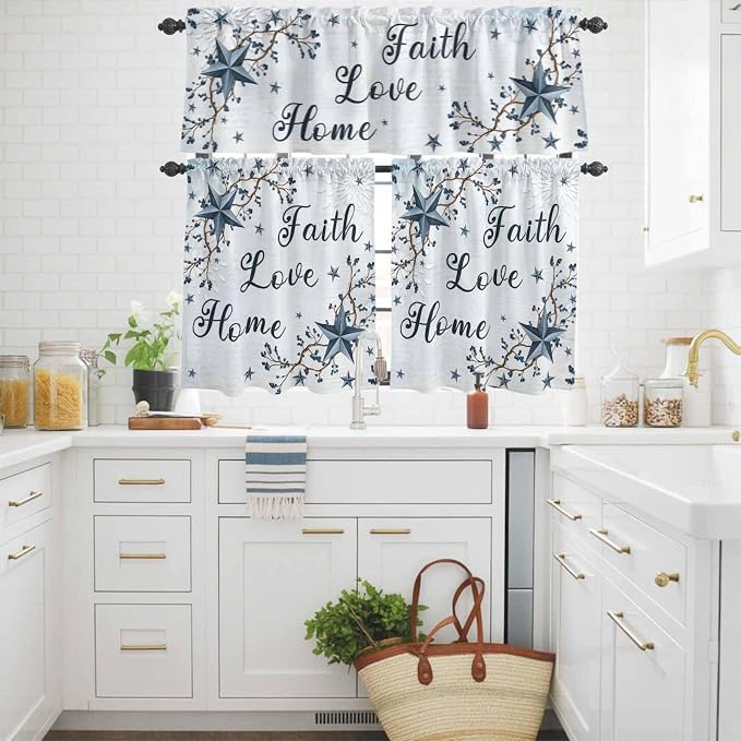 Kitchen Curtains Tiers and Valance Set of 3, Texas Star Country Light Filtering