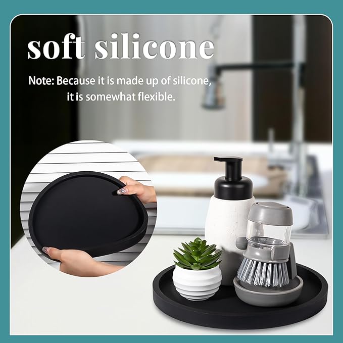 Silicone Bathroom Tray Round Vanity Tray Decorative Soap Holder Kitchen Countertop Organizer Coffee Table Decor for Candle, Perfume, Plant, 11 Inch, Black