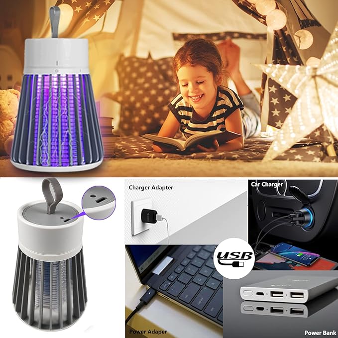 Bug Zapper Outdoor,Electric Mosquito Zapper Portable Camp Mosquito Killer,Rechargeable Indoor Fly Zapper,Electric Fly Zapper,Fly Traps,Flying Insects Zapper Indoor Outdoor (Grey)