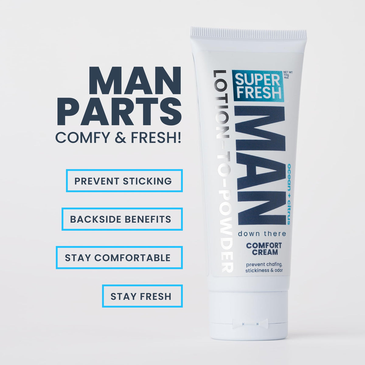 Super Fresh Man Parts Ball Deodorant for Men | POWDER LOTION | Mens Hygiene Cream for Groin, Butt, & Body | Fresh Control Odor, Anti Chafing, Stop Itch, Absorb Sweat | Aluminum Free