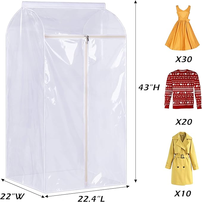 KEETDY 43" Hanging Garment Bags for Closet Storage Large Clear Window Hanging Clothes Storage Garment Rack Cover Coat Protector for Suit, Wardrobe, Bottom Enclosed