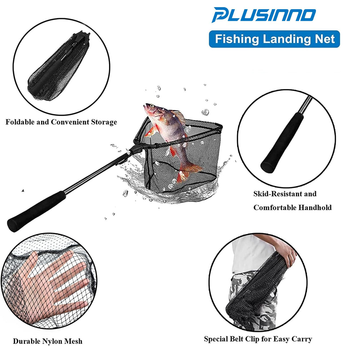 PLUSINNO Fishing Net Fish Floating Landing Net, Kayak Nets with Fixed Foldable Telescopic Pole Handle,Bass Trout Fishing Nets with Nylon Mesh for Pond Lake River,Fishing Gear Gifts for Men,Black 0.8M