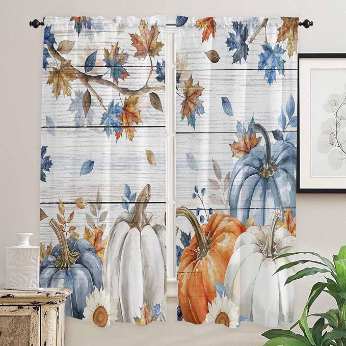Thanksgiving Pumpkin Window Curtains 72 Inch Long 2 Panel Set, Rod Pocket Long